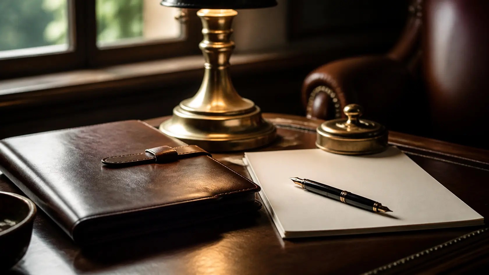 A leather portfolio, fountain pen and blank paper beside a brass desk lamp on a dark wood desk.