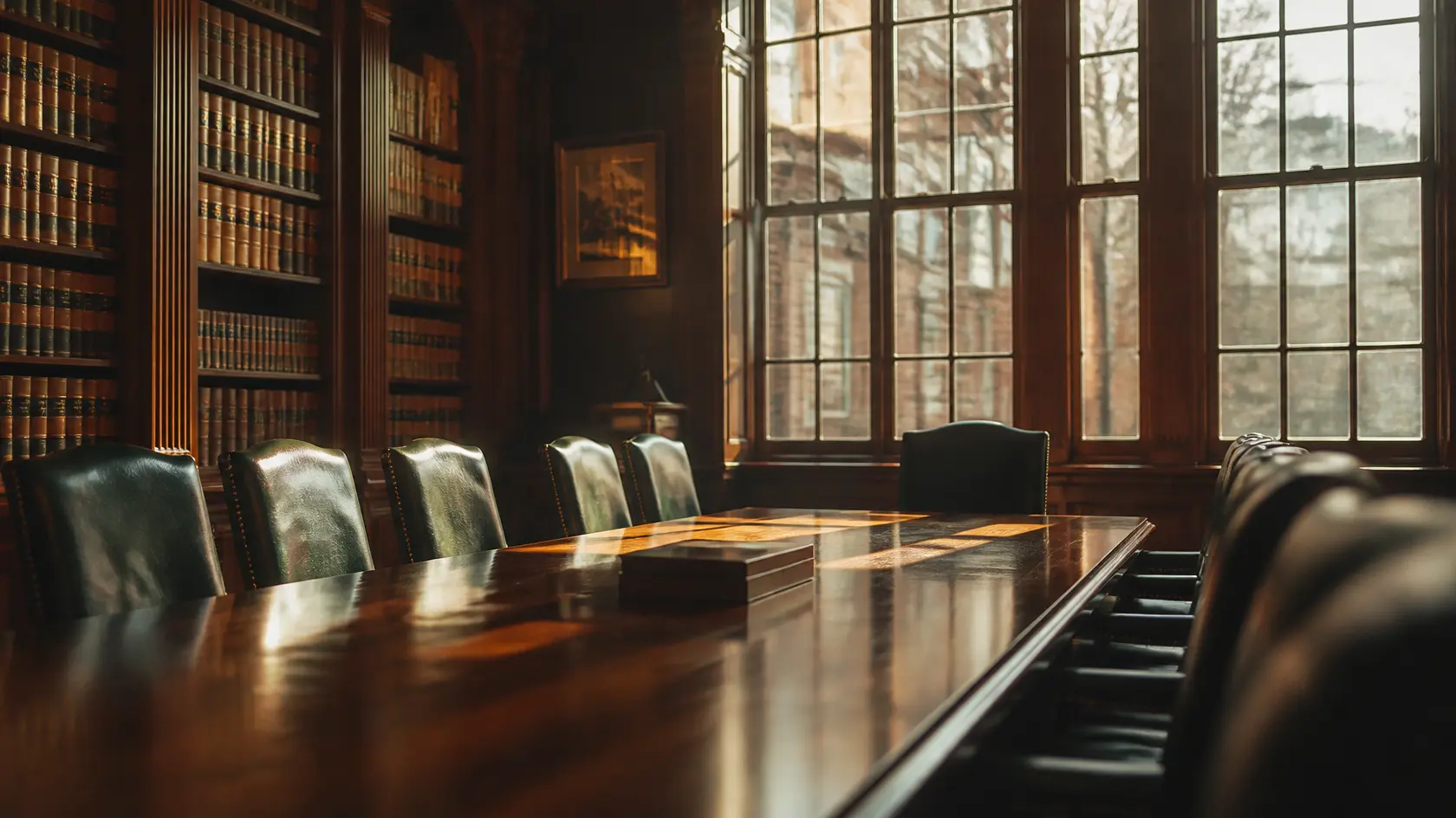 A quiet wood-paneled law library with a long walnut conference table, green leather chairs and afternoon light through tall windows.
